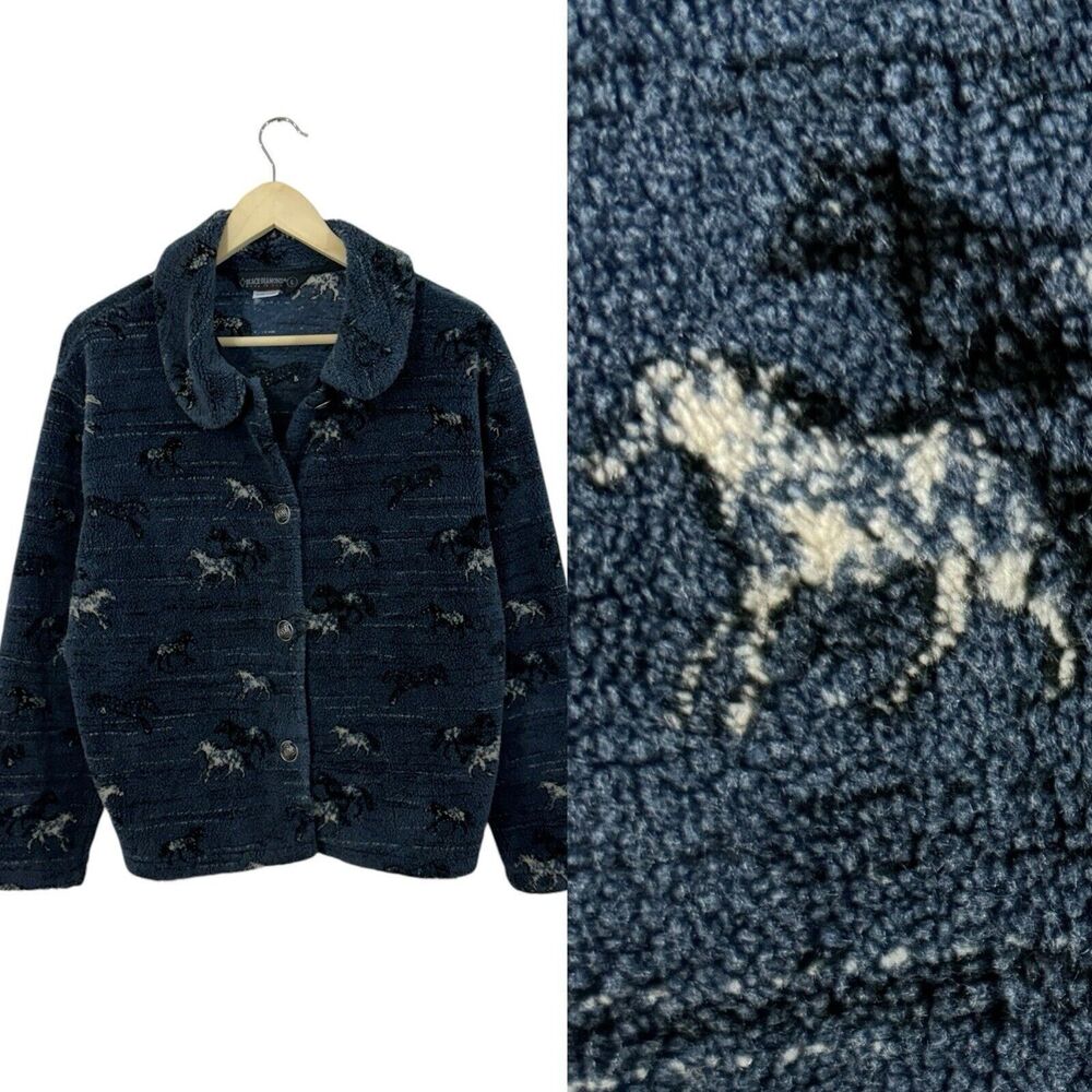 Black Diamond Large Fleece Button Jacket Horse Western Blue Womens